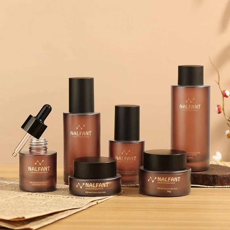 custom amber glass cosmetic packaging set