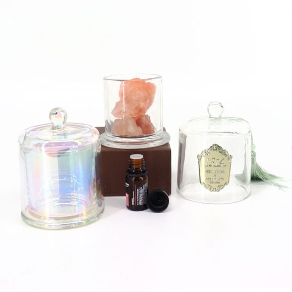 Iridescent Glass Candle Vessels with Bell Dome Cloche Glass Lid - Image 5