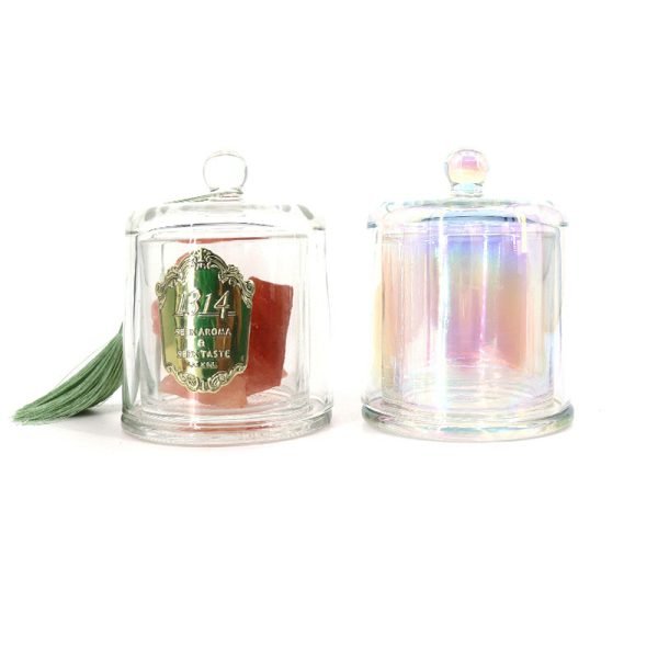 Iridescent Glass Candle Vessels with Bell Dome Cloche Glass Lid - Image 6