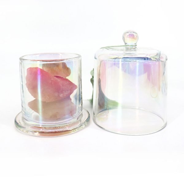 Iridescent Glass Candle Vessels with Bell Dome Cloche Glass Lid - Image 7