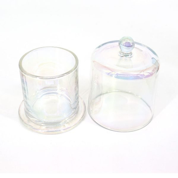 Iridescent Glass Candle Vessels with Bell Dome Cloche Glass Lid - Image 2