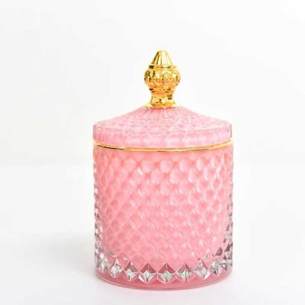 Pink Diamond Pattern Glass Jar with Golden Lid