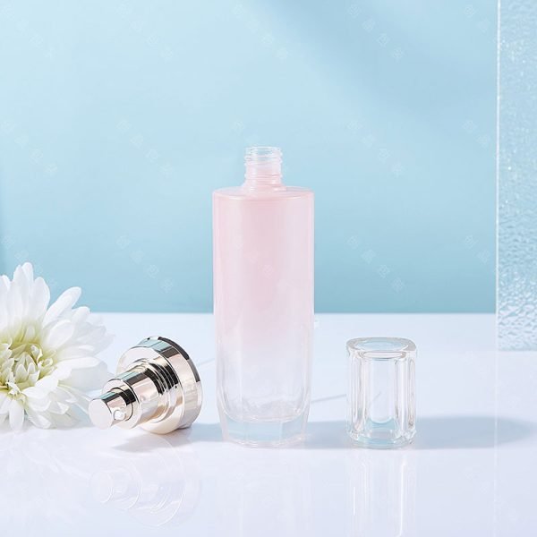 pink glass lotion bottle