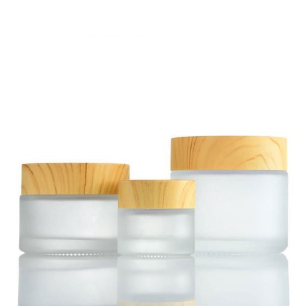 frosted glass cream jar with bamboo lid