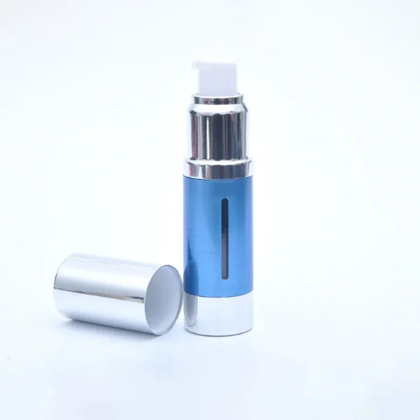 Empty Blue Aluminum Airless Pump Spray Bottle - Image 4