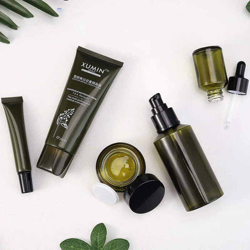 olive green cosmetic packaging set containers