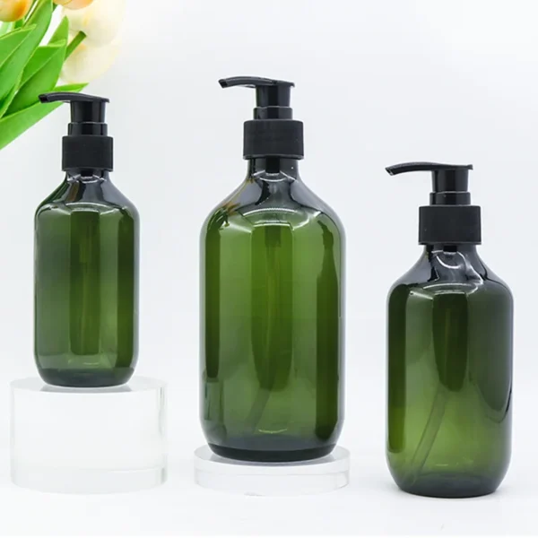 green plastic pump shampoo bottles