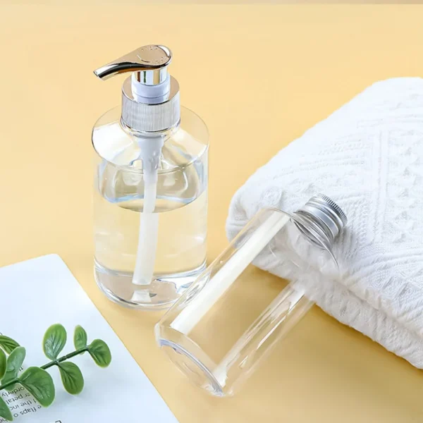 clear PET shampoo bottle with pump