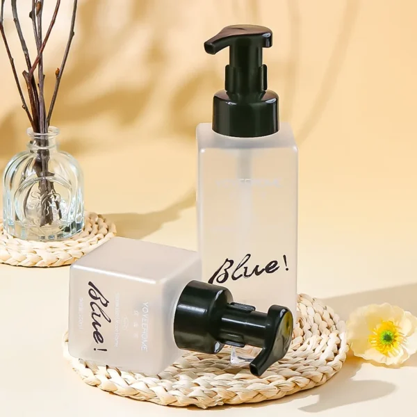 semi-transparent square pump shampoo bottle