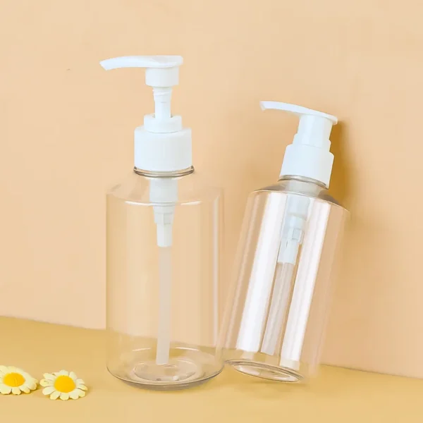 transparent plastic shampoo bottle with pump