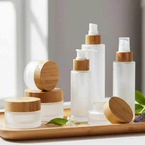 clear glass bottles cosmetic jars with bamboo lids