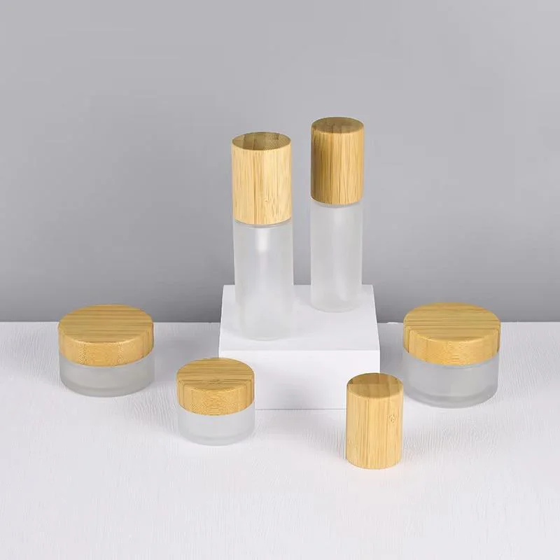 frosted glass cosmetic containers with bamboo lids