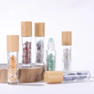 essential oil roller bottle with bamboo lid