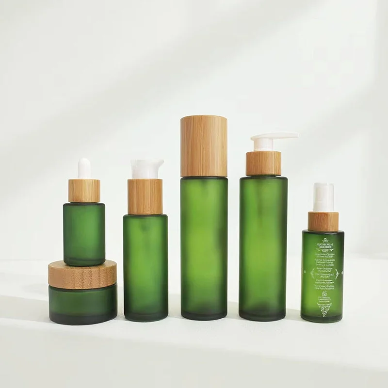frosted glass pump bottles with bamboo lids
