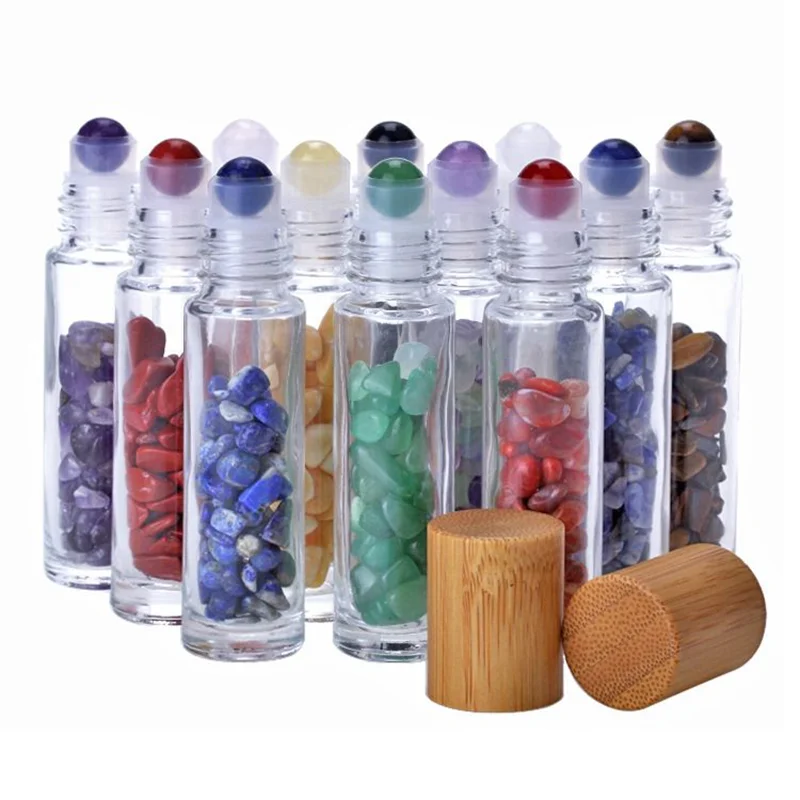 glass roll on bottles with gemstones
