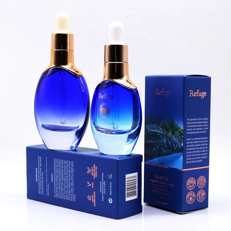 blue essential oil dropper bottles